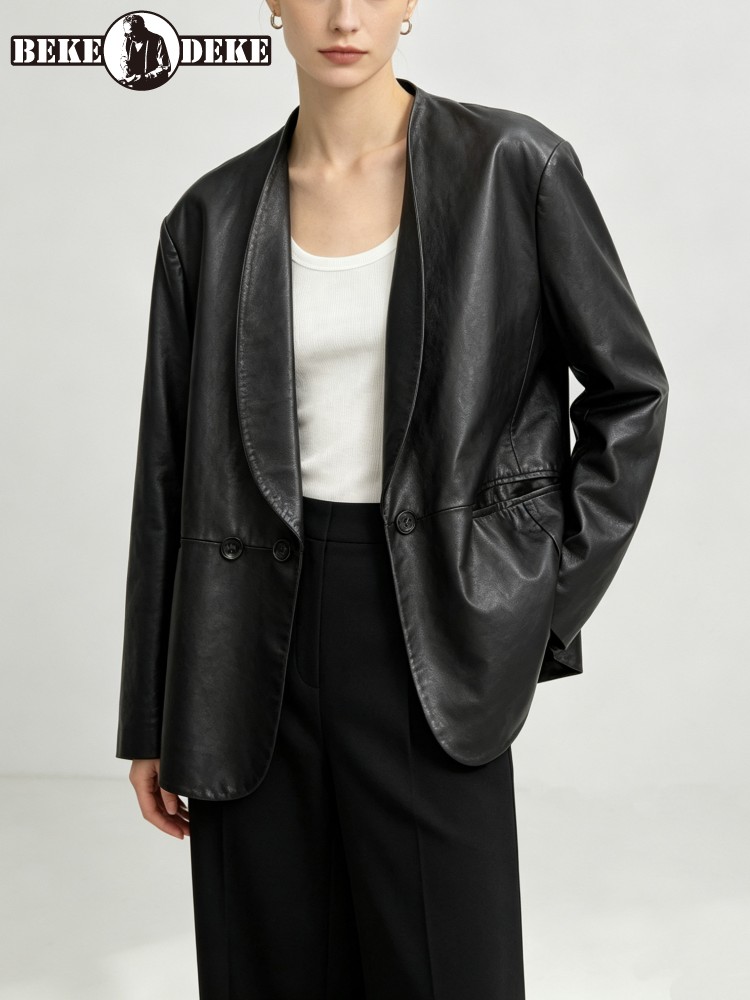 Leather Work Jacket Women'S - Модный женский пиджак свободного кроя из