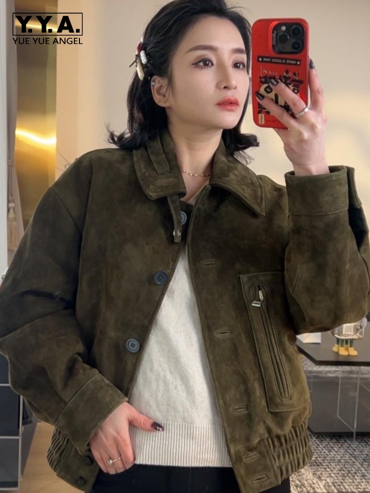 Leather Work Jacket Women'S - Роскошная ретро-куртка из овечьей замши для