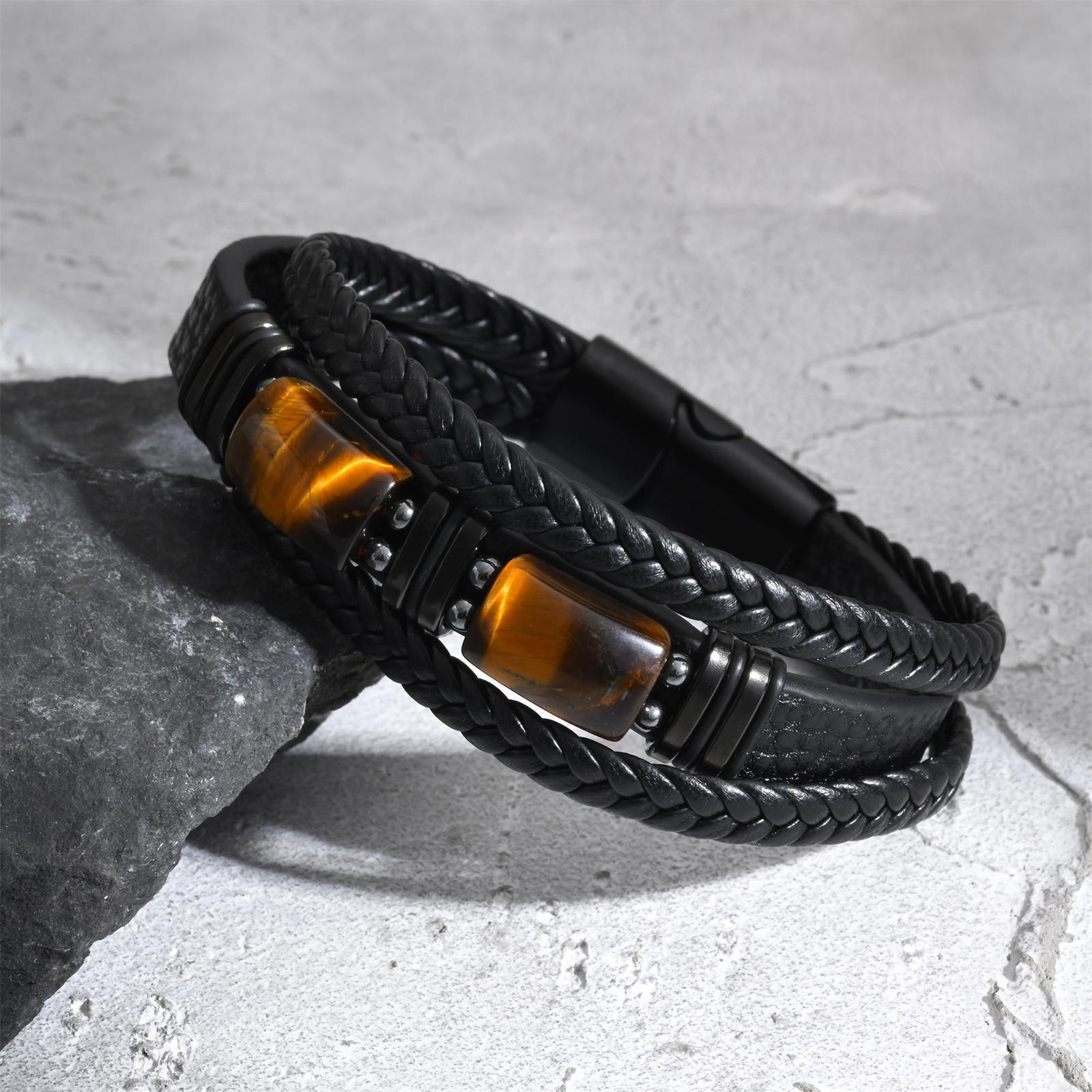 Leatherwork Logo - Мужской плетеный кожаный браслет с камнем